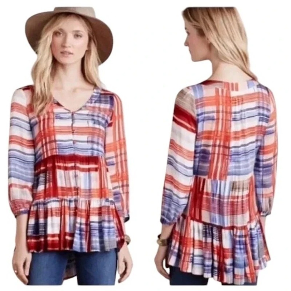 Maeve Anthropologie Lila Tiered Tunic Top Womens Medium Plaid Rayon Blouse